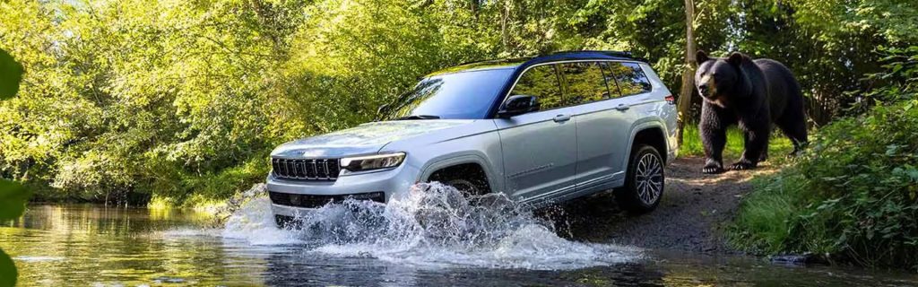 2026 Jeep Grand Cherokee riding in a water bear is behind and surrounded by forest.